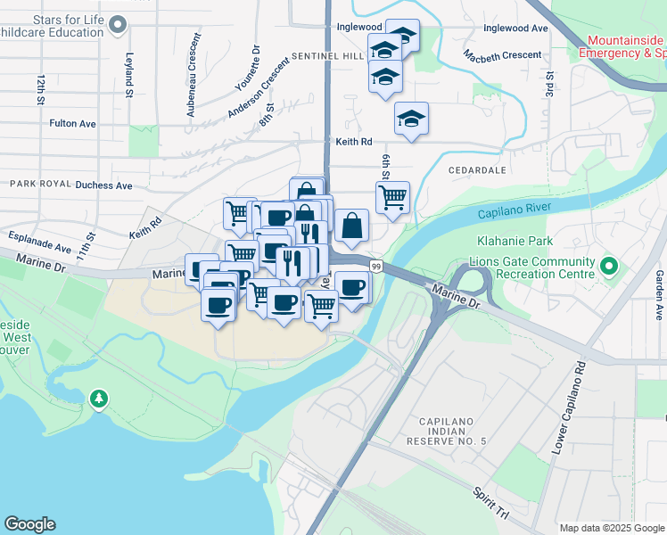 map of restaurants, bars, coffee shops, grocery stores, and more near 348 Taylor Way in West Vancouver