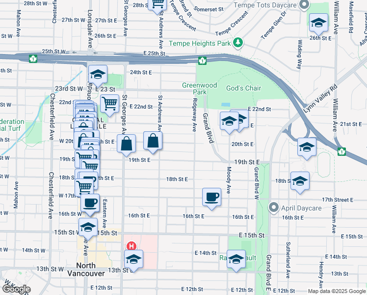 map of restaurants, bars, coffee shops, grocery stores, and more near 345 20th Street East in North Vancouver