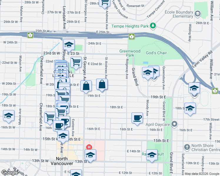 map of restaurants, bars, coffee shops, grocery stores, and more near 315 20th Street East in North Vancouver