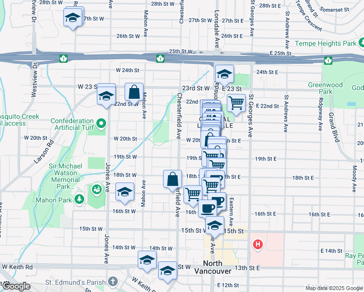 map of restaurants, bars, coffee shops, grocery stores, and more near 1940 Chesterfield Avenue in North Vancouver