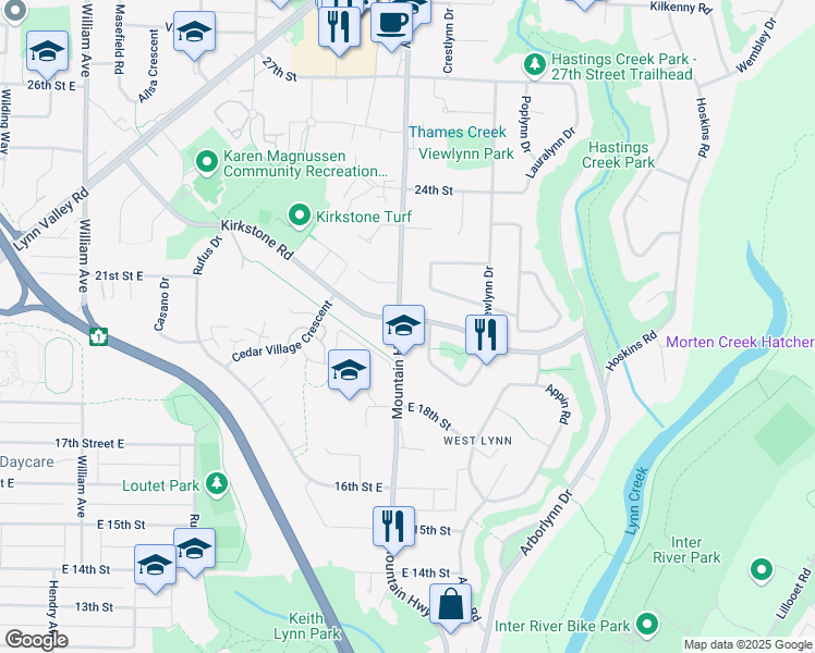 map of restaurants, bars, coffee shops, grocery stores, and more near 825 20th Street in North Vancouver