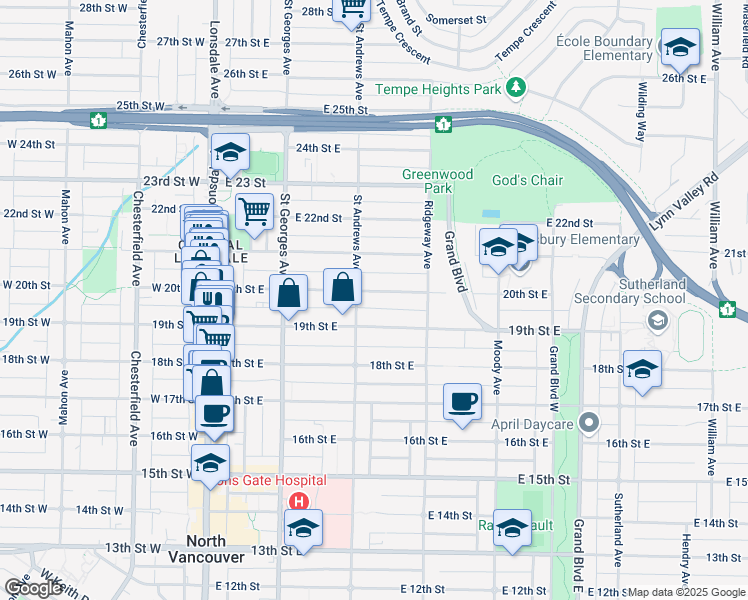 map of restaurants, bars, coffee shops, grocery stores, and more near 317 20th Street East in North Vancouver