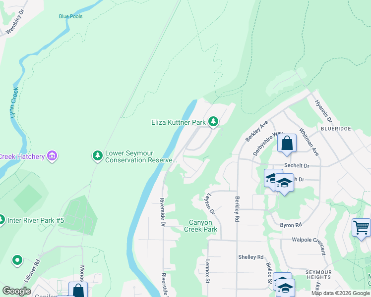 map of restaurants, bars, coffee shops, grocery stores, and more near 1629 Riverside Drive in North Vancouver