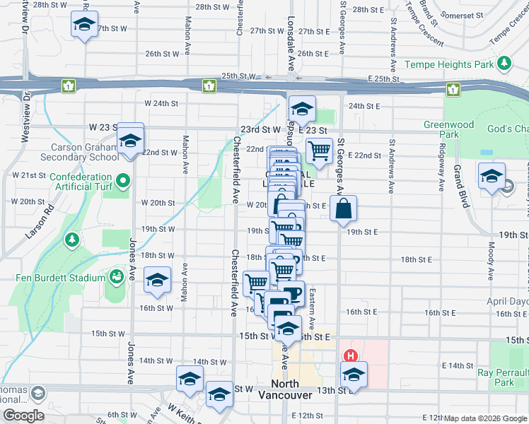 map of restaurants, bars, coffee shops, grocery stores, and more near in North Vancouver
