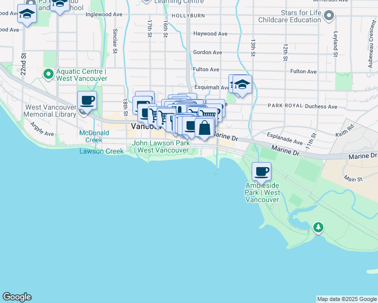 map of restaurants, bars, coffee shops, grocery stores, and more near 1546 Ambleside Lane in West Vancouver
