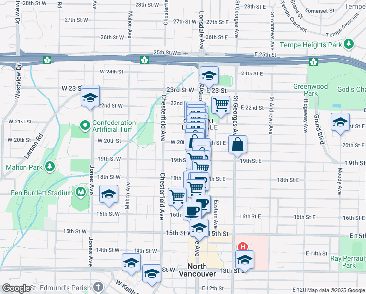 map of restaurants, bars, coffee shops, grocery stores, and more near in Vancouver