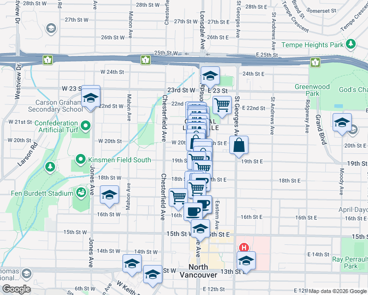 map of restaurants, bars, coffee shops, grocery stores, and more near in Vancouver
