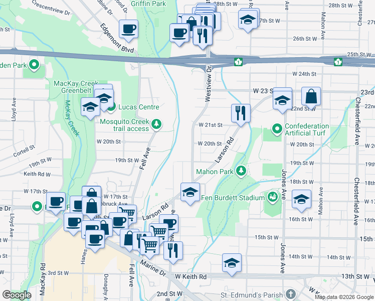 map of restaurants, bars, coffee shops, grocery stores, and more near 1935 Westview Drive in North Vancouver