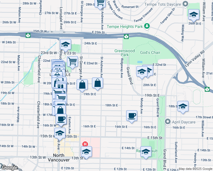 map of restaurants, bars, coffee shops, grocery stores, and more near 317 20th Street East in North Vancouver