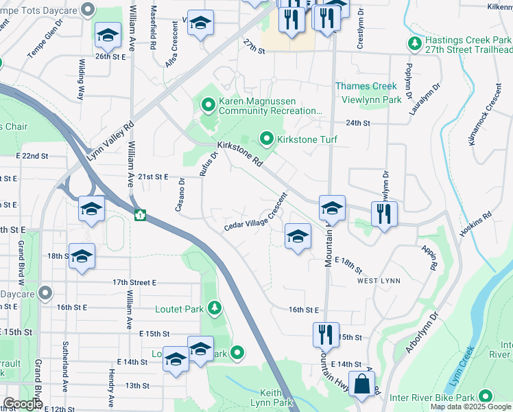 map of restaurants, bars, coffee shops, grocery stores, and more near 1950 Cedar Village Crescent in North Vancouver
