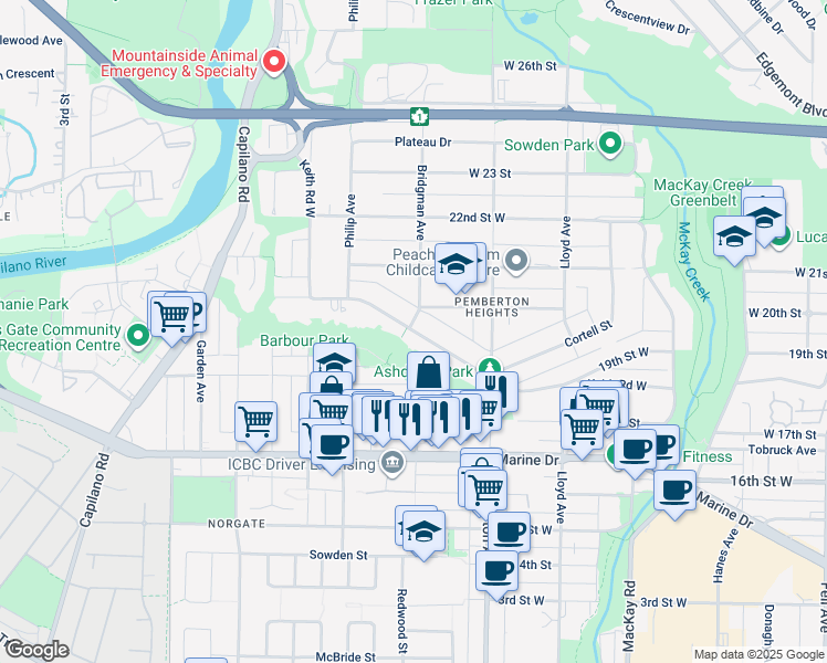 map of restaurants, bars, coffee shops, grocery stores, and more near 1295 Keith Road West in North Vancouver