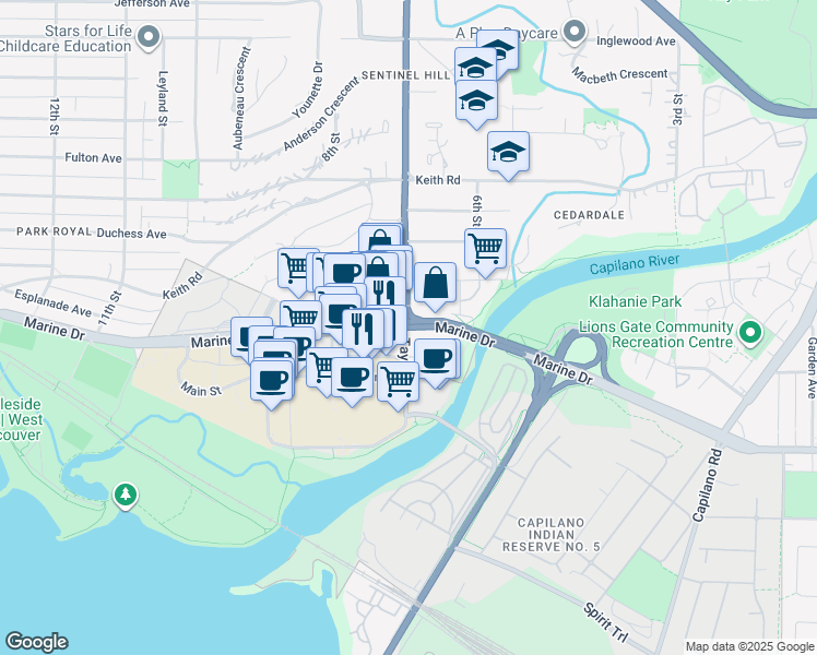 map of restaurants, bars, coffee shops, grocery stores, and more near 364 Taylor Way in West Vancouver