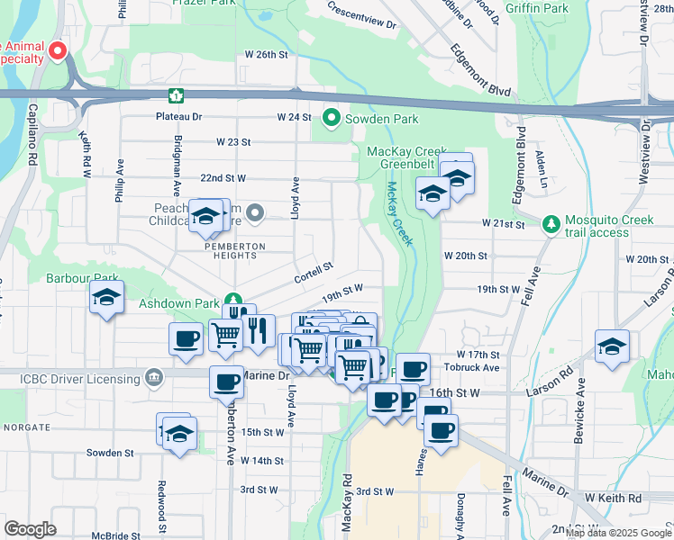map of restaurants, bars, coffee shops, grocery stores, and more near 1017 Cortell Street in North Vancouver