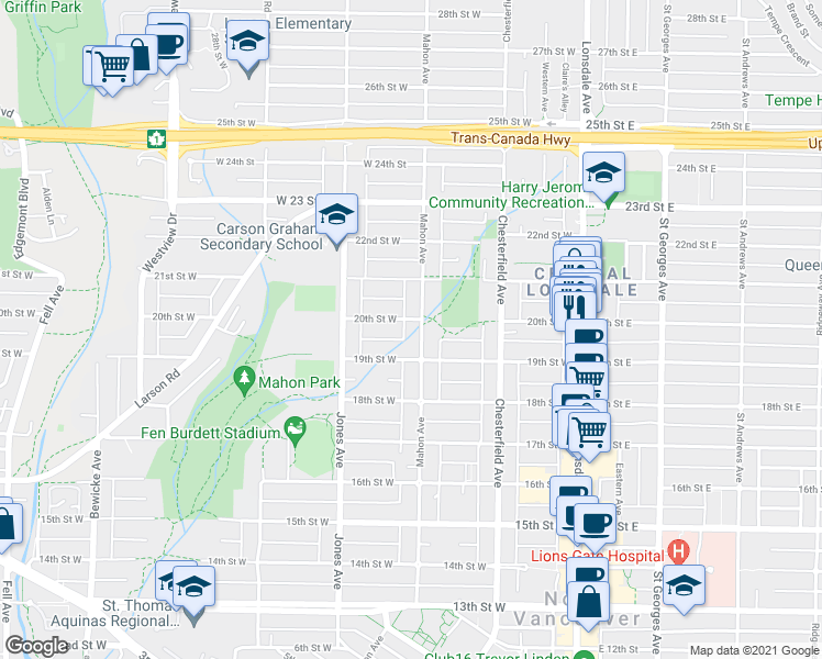 map of restaurants, bars, coffee shops, grocery stores, and more near 1949 Mahon Avenue in North Vancouver