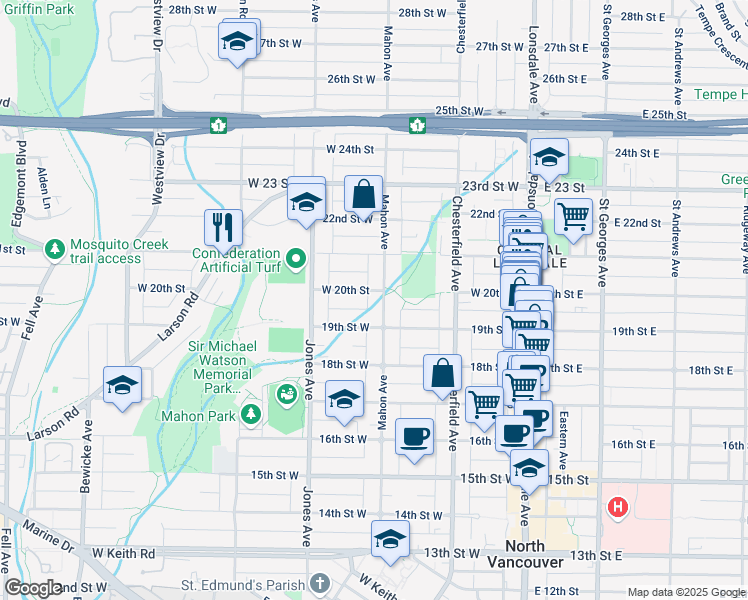 map of restaurants, bars, coffee shops, grocery stores, and more near 1949 Mahon Avenue in North Vancouver