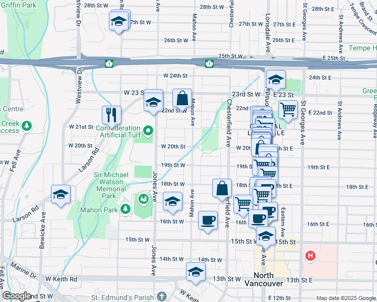 map of restaurants, bars, coffee shops, grocery stores, and more near 1949 Mahon Avenue in North Vancouver