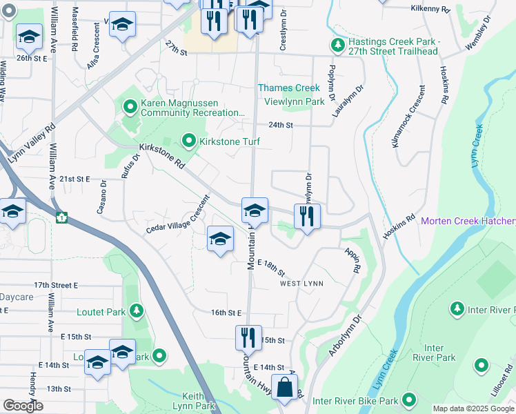 map of restaurants, bars, coffee shops, grocery stores, and more near East 20th Street in North Vancouver