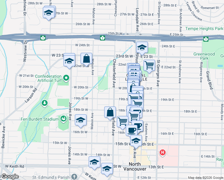 map of restaurants, bars, coffee shops, grocery stores, and more near 1955 Chesterfield Avenue in North Vancouver