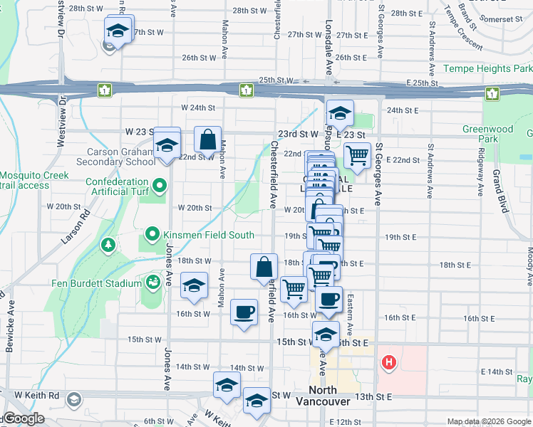 map of restaurants, bars, coffee shops, grocery stores, and more near 1955 Chesterfield Avenue in North Vancouver