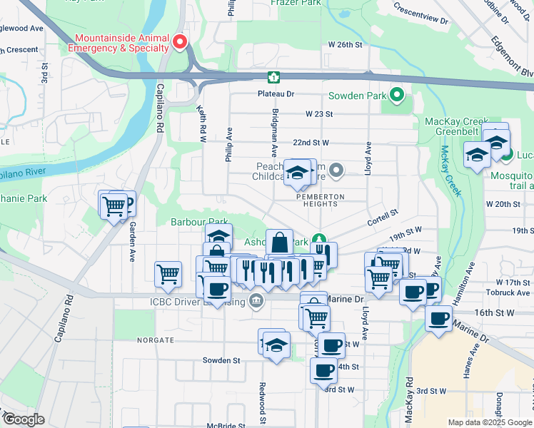 map of restaurants, bars, coffee shops, grocery stores, and more near Keith Road West in Metro Vancouver