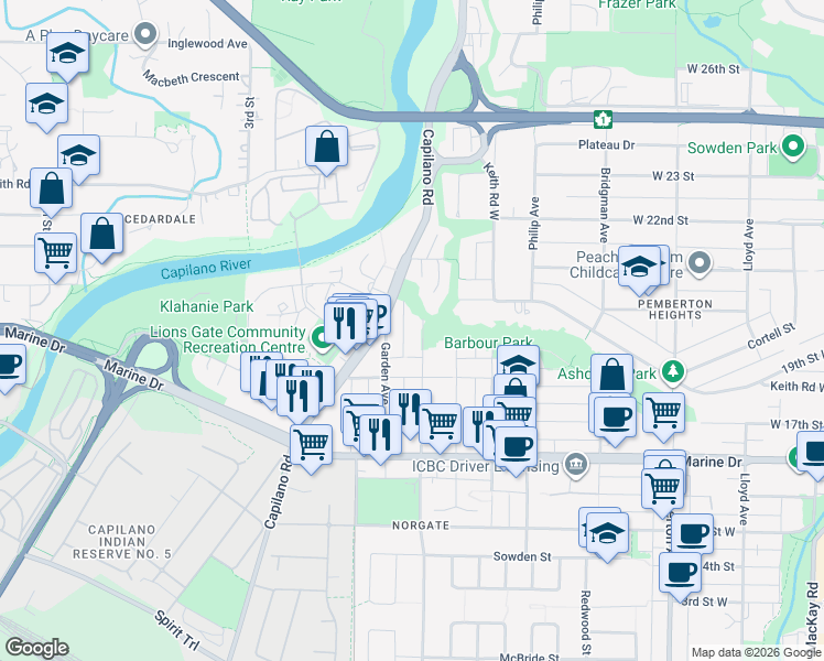 map of restaurants, bars, coffee shops, grocery stores, and more near 1921 Tatlow Avenue in North Vancouver