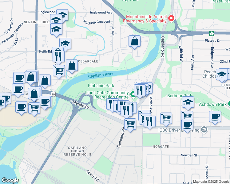 map of restaurants, bars, coffee shops, grocery stores, and more near 1883 Glenaire Drive in North Vancouver