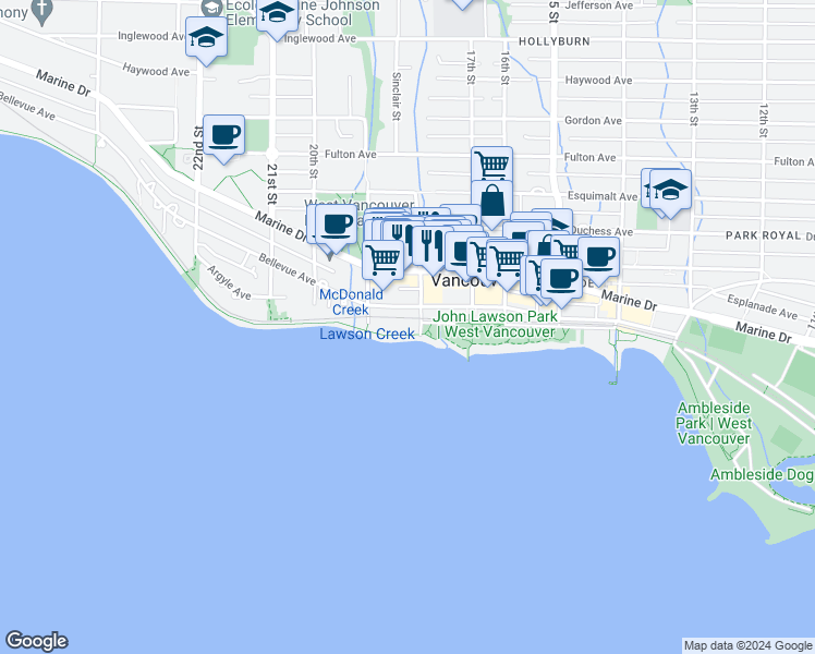 map of restaurants, bars, coffee shops, grocery stores, and more near 111 18th Street West in North Vancouver