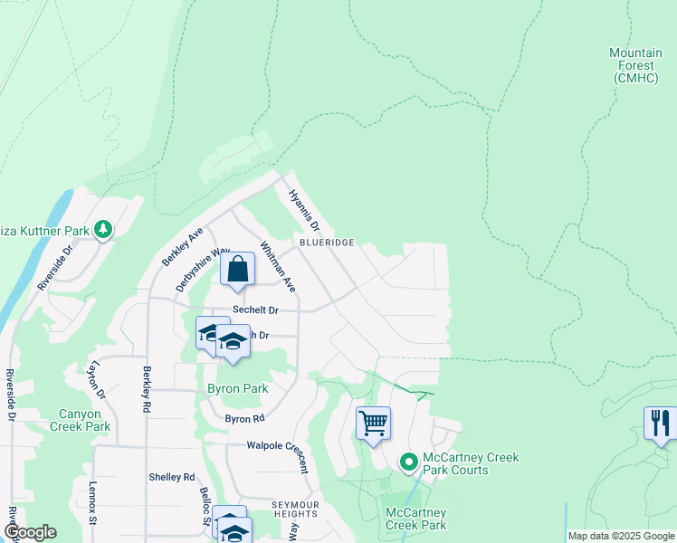 map of restaurants, bars, coffee shops, grocery stores, and more near 2203 Hyannis Drive in North Vancouver
