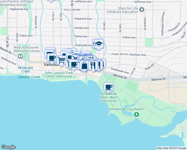 map of restaurants, bars, coffee shops, grocery stores, and more near 1327 Bellevue Avenue in West Vancouver