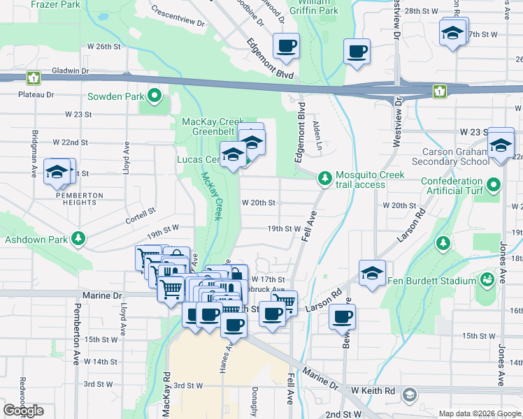 map of restaurants, bars, coffee shops, grocery stores, and more near 825 20th Street West in North Vancouver