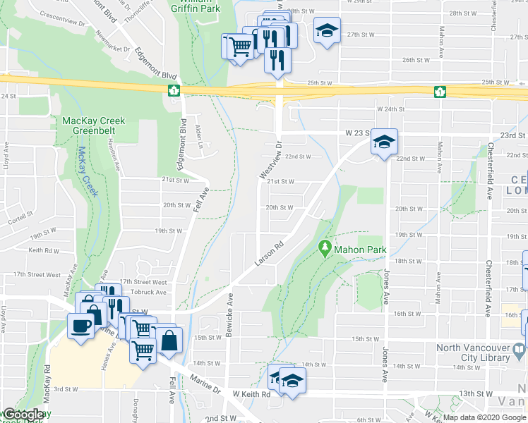 map of restaurants, bars, coffee shops, grocery stores, and more near 1956 Westview Drive in North Vancouver