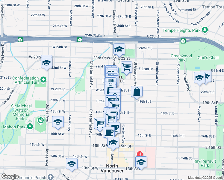 map of restaurants, bars, coffee shops, grocery stores, and more near 155 West 20 Street in North Vancouver