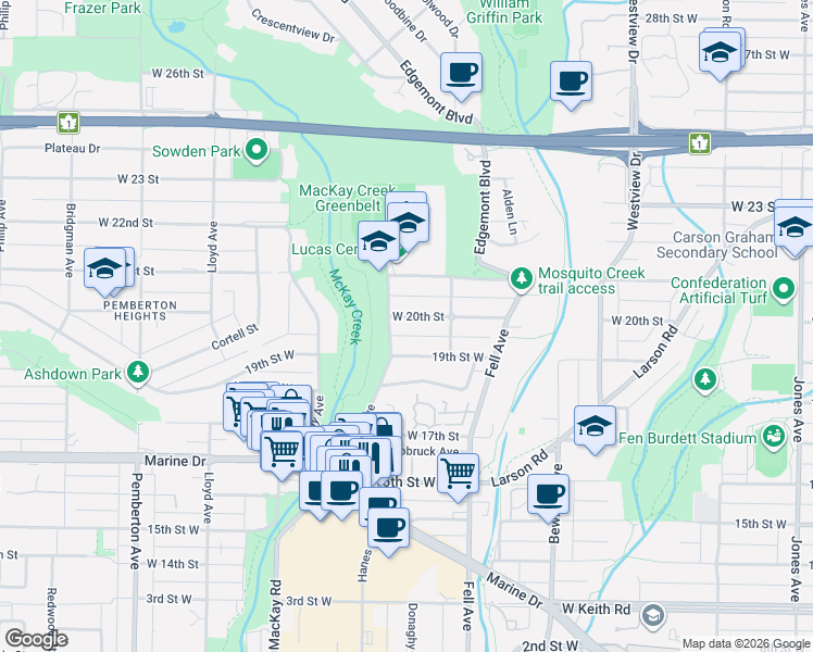map of restaurants, bars, coffee shops, grocery stores, and more near 839 West 20th Street in North Vancouver