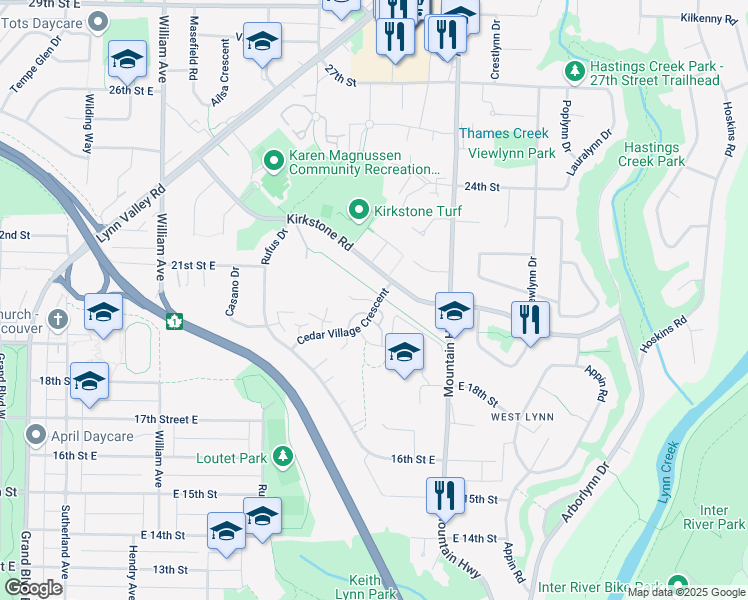 map of restaurants, bars, coffee shops, grocery stores, and more near 2020 Cedar Village Crescent in North Vancouver