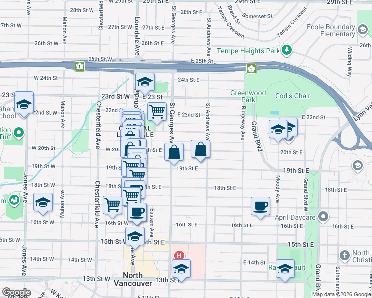 map of restaurants, bars, coffee shops, grocery stores, and more near in North Vancouver
