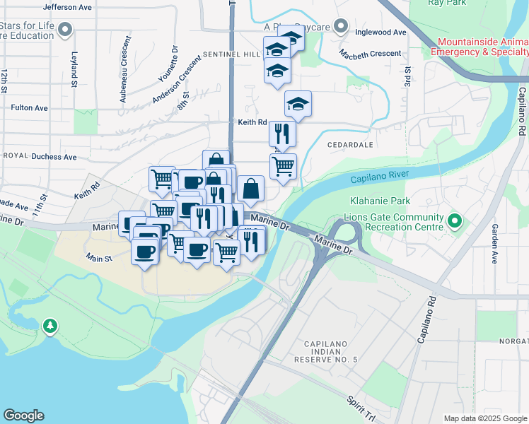 map of restaurants, bars, coffee shops, grocery stores, and more near in West Vancouver