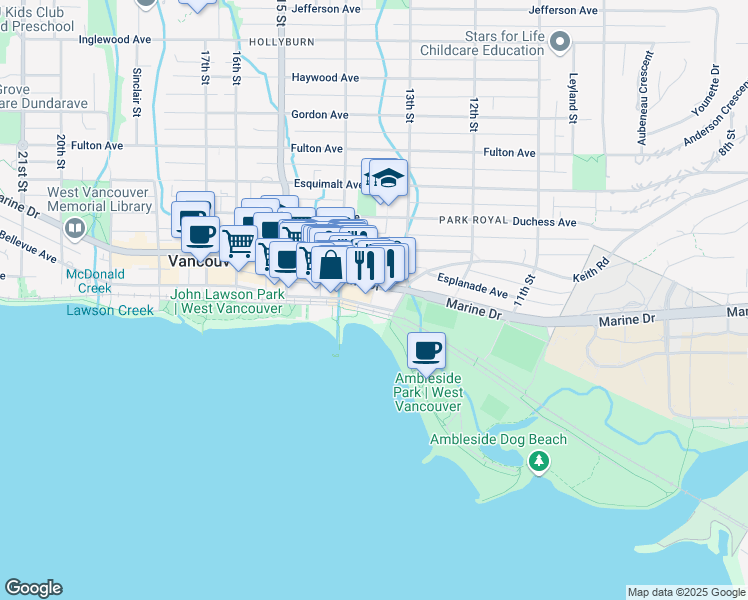 map of restaurants, bars, coffee shops, grocery stores, and more near 1310 Marine Drive in West Vancouver