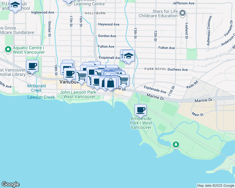 map of restaurants, bars, coffee shops, grocery stores, and more near 130-1425 Marine Drive in West Vancouver