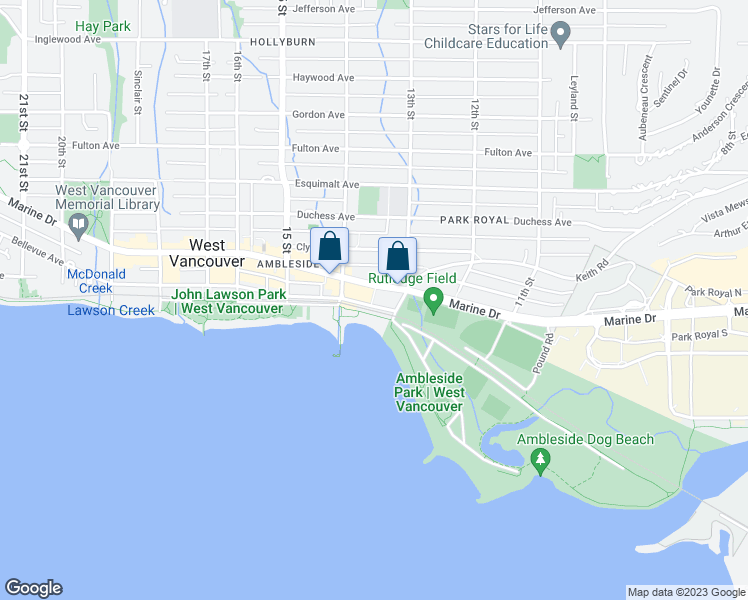 map of restaurants, bars, coffee shops, grocery stores, and more near 1327 Bellevue Avenue in West Vancouver