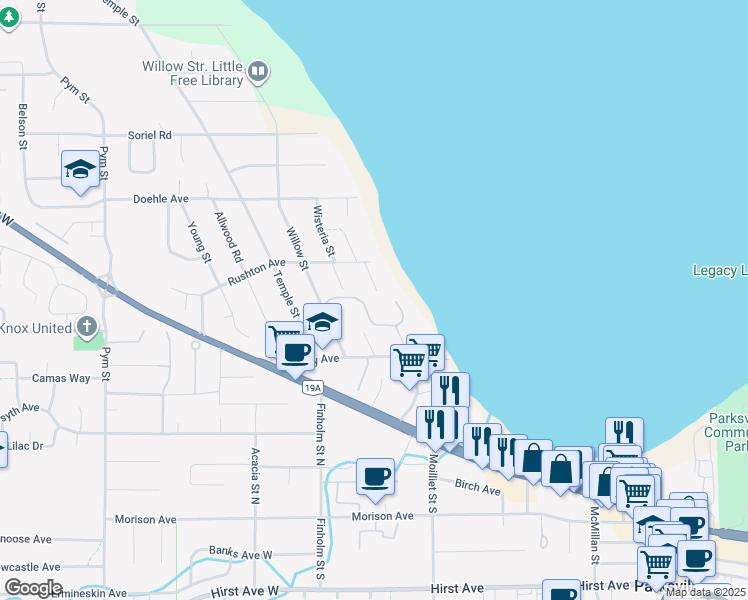 map of restaurants, bars, coffee shops, grocery stores, and more near 330 Dogwood Street in Parksville