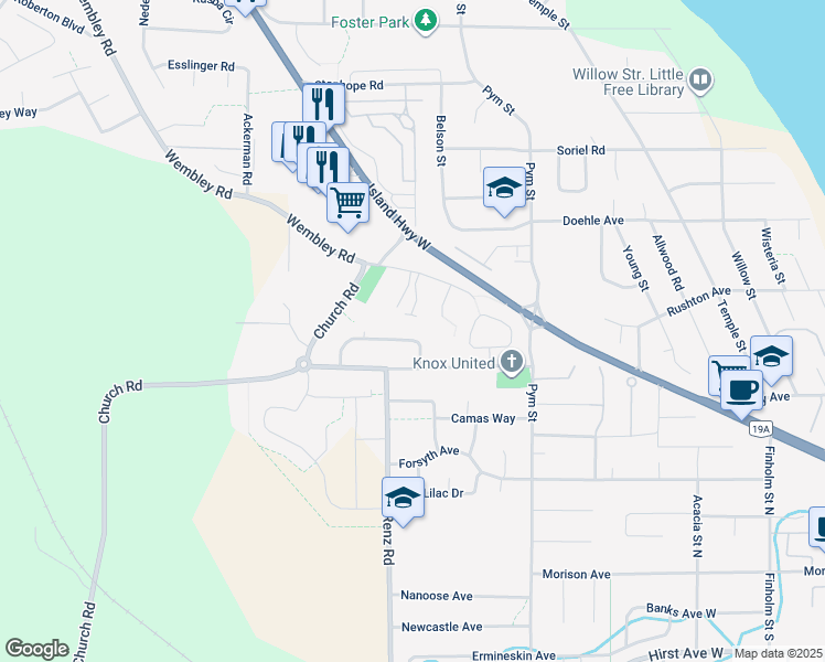 map of restaurants, bars, coffee shops, grocery stores, and more near 322 Rheumer Crescent in Parksville