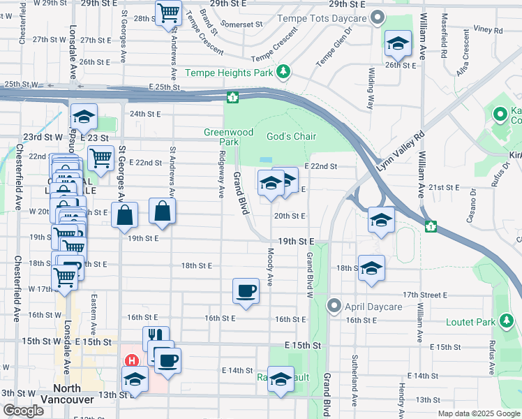map of restaurants, bars, coffee shops, grocery stores, and more near 456 20th Street East in North Vancouver