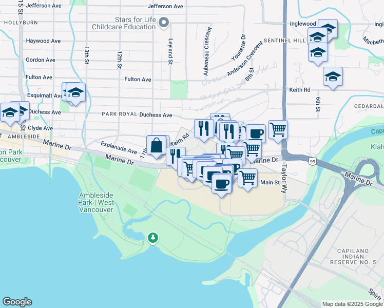 map of restaurants, bars, coffee shops, grocery stores, and more near in West Vancouver