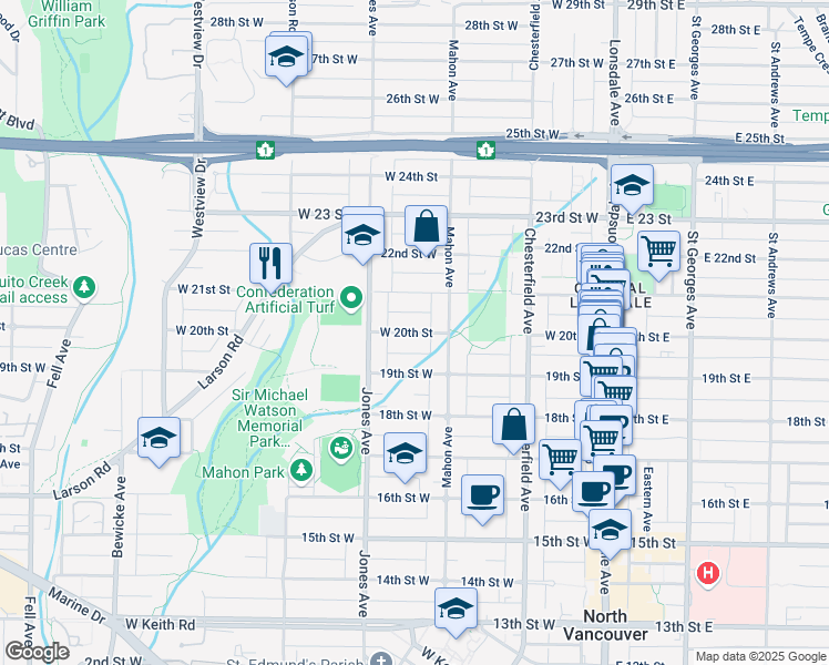 map of restaurants, bars, coffee shops, grocery stores, and more near 324 West 20 Street in North Vancouver