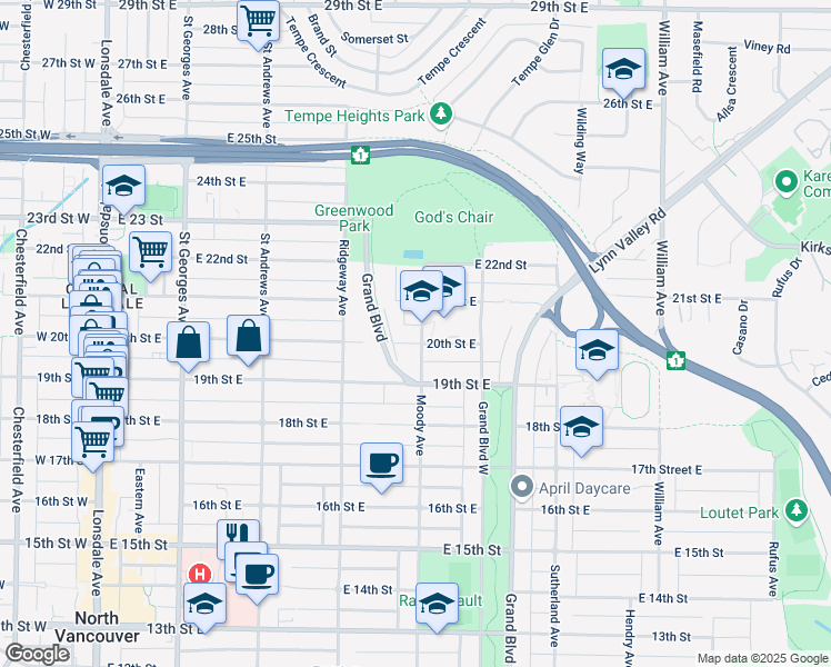 map of restaurants, bars, coffee shops, grocery stores, and more near in North Vancouver