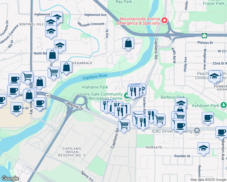 map of restaurants, bars, coffee shops, grocery stores, and more near 2060 Curling Road in North Vancouver