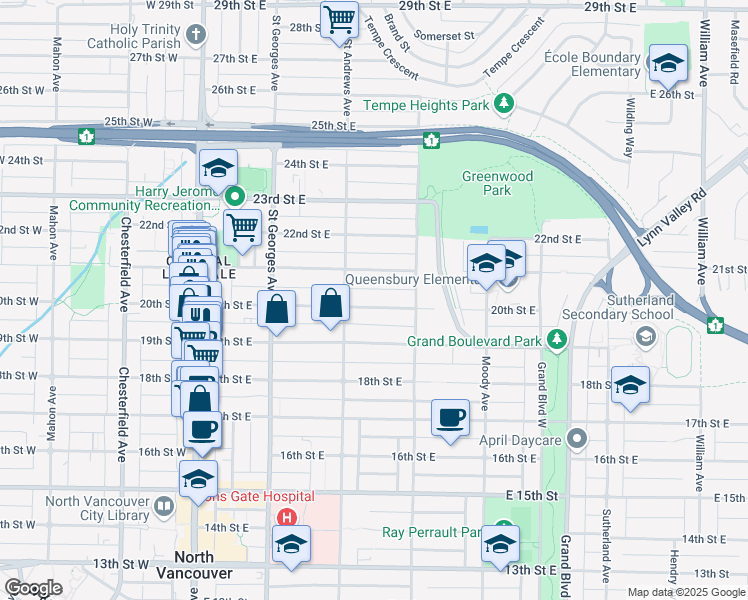 map of restaurants, bars, coffee shops, grocery stores, and more near in North Vancouver