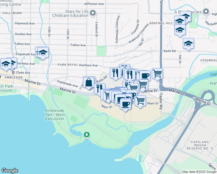 map of restaurants, bars, coffee shops, grocery stores, and more near in West Vancouver
