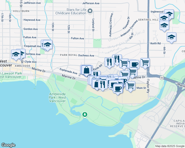 map of restaurants, bars, coffee shops, grocery stores, and more near 955 Marine Drive in West Vancouver