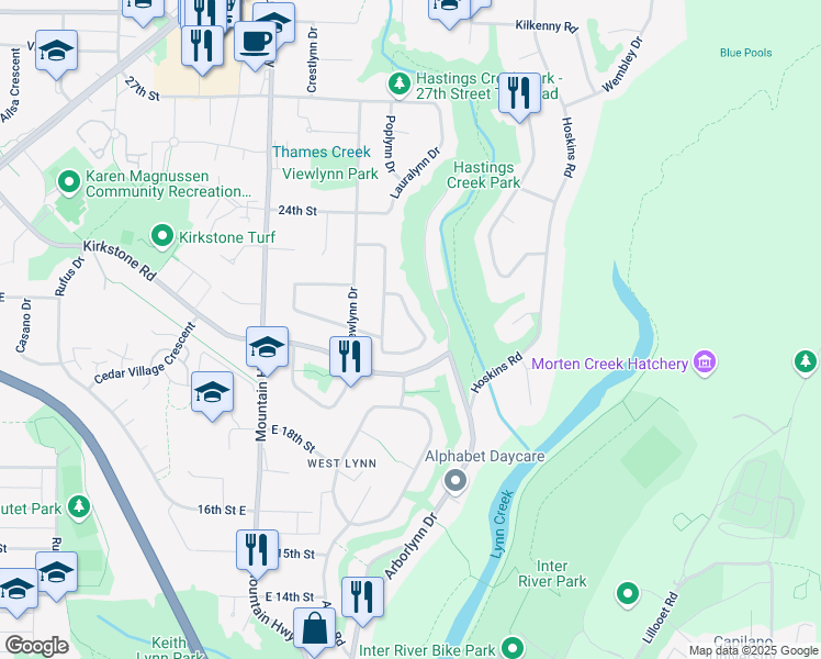map of restaurants, bars, coffee shops, grocery stores, and more near 1561 Merlynn Crescent in North Vancouver